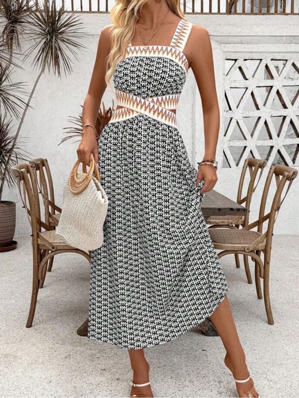 Black & White Patterned Cutout Midi Dress with Tan Trim